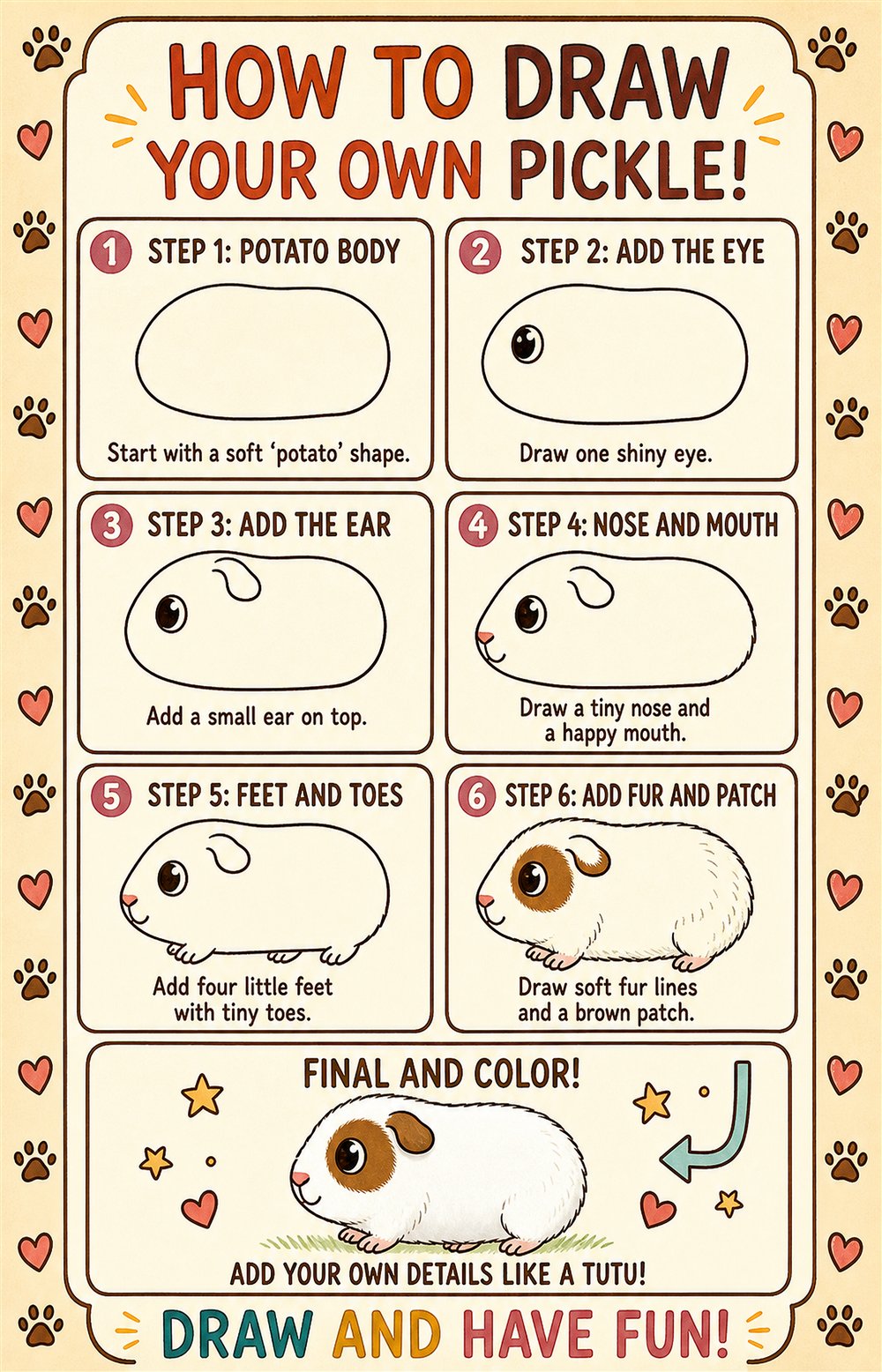 How to Draw Your Own Pickle in six steps: potato body, eye, ear, nose and mouth, feet and toes, then fur and her brown patch. Add your own details, like a tutu!