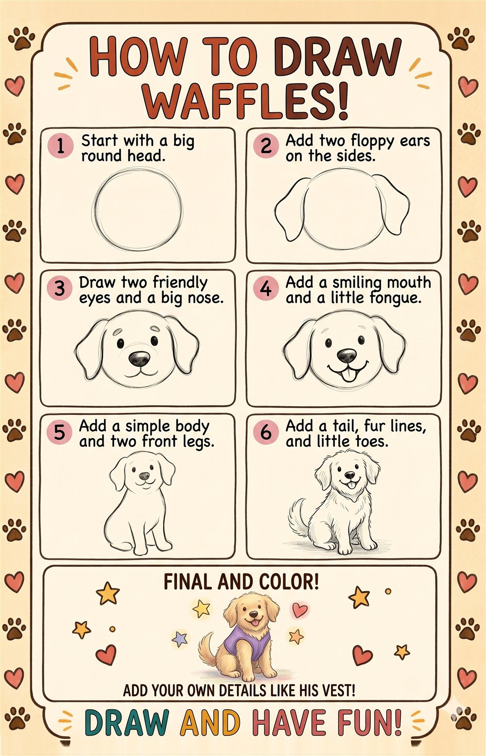 How to Draw Waffles in six steps: big round head, floppy ears, friendly eyes and nose, smiling mouth, body and front legs, then tail and fur. Add your own details, like his vest!