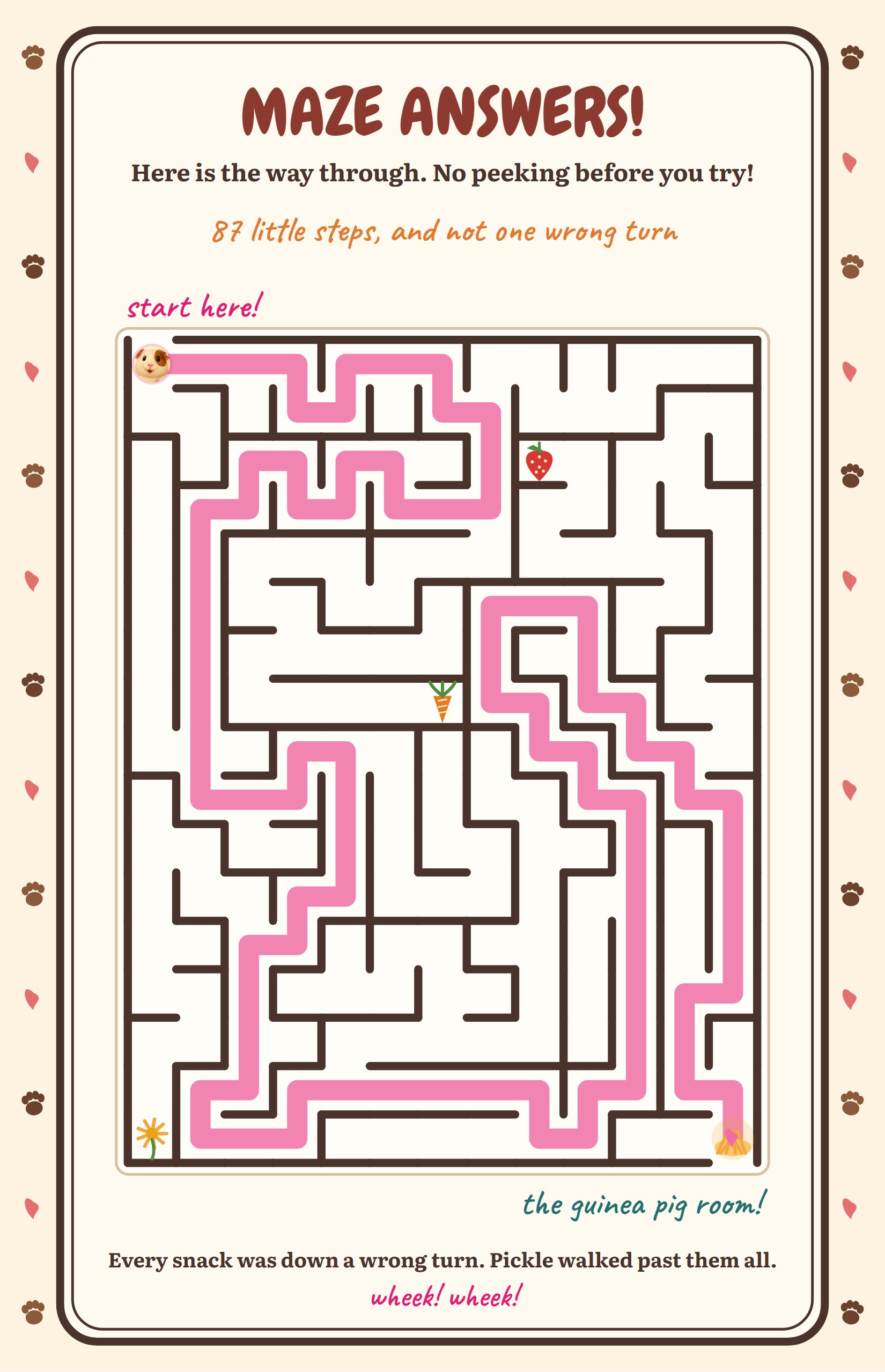 The same maze with the one correct route drawn in pink from Pickle at the top left, winding down to the guinea pig room at the bottom right, going nowhere near any of the three snacks.