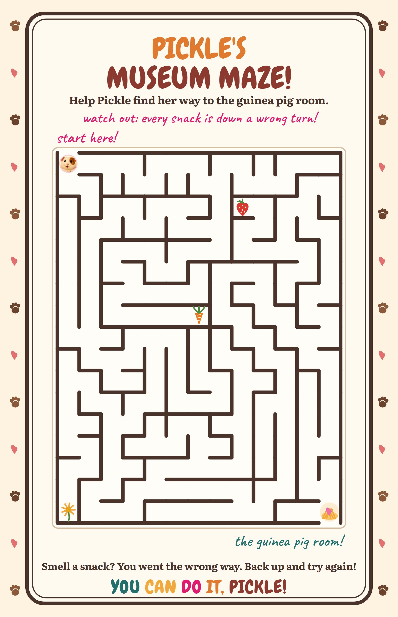 A maze puzzle sheet with Pickle at the start