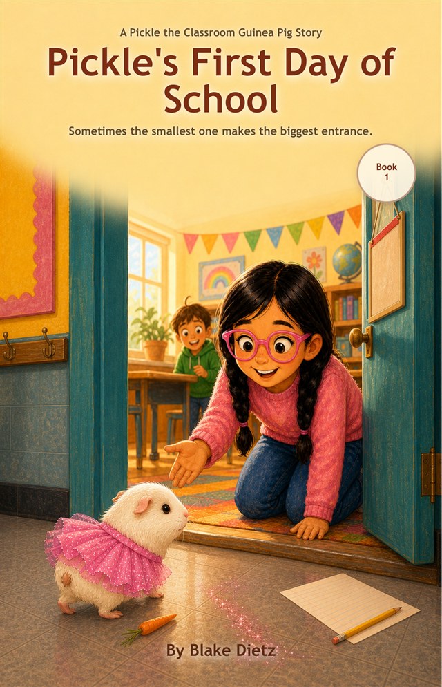 Book 1 cover: Pickle's First Day of School, by Blake Dietz. Blake kneels in a classroom doorway reaching toward Pickle the guinea pig in her pink tutu.
