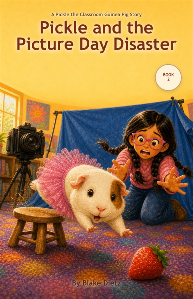 Book 2 cover: Pickle and the Picture Day Disaster, by Blake Dietz. Pickle leaps off a photo stool mid-chaos while Blake reaches out, a camera and a strawberry nearby.
