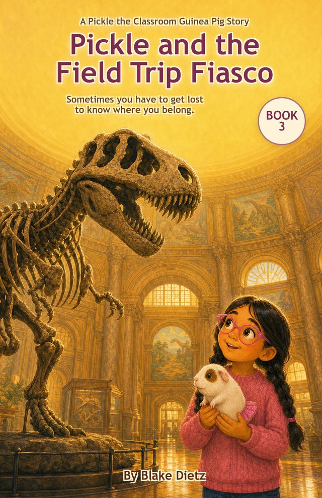Book 3 cover: Pickle and the Field Trip Fiasco, by Blake Dietz. Blake holds Pickle in her arms, both looking up at a giant T. rex skeleton in a golden museum hall.