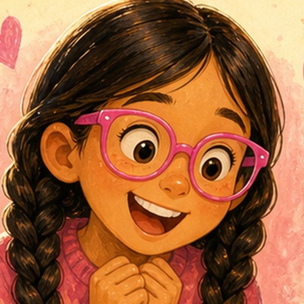 Blake, a girl with two long braids and bright pink glasses, smiling