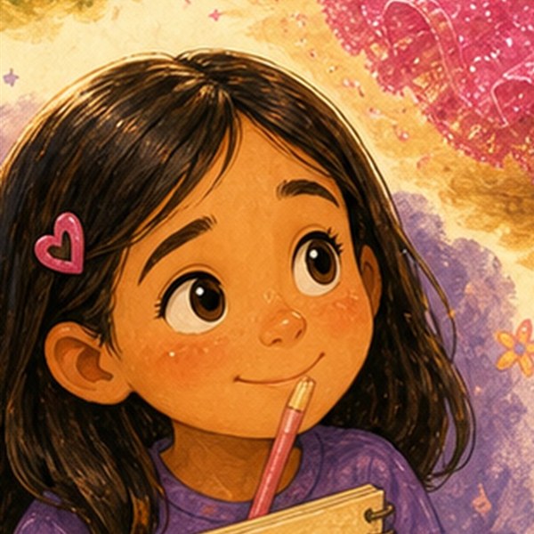 Emma, a quiet girl in a purple shirt holding her sketchbook and a pink pencil