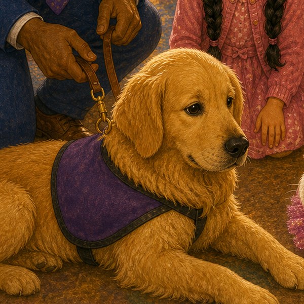 Waffles, a calm golden retriever therapy dog wearing his vest