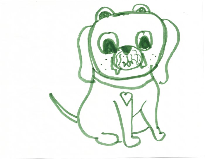 A green marker drawing of Waffles the dog