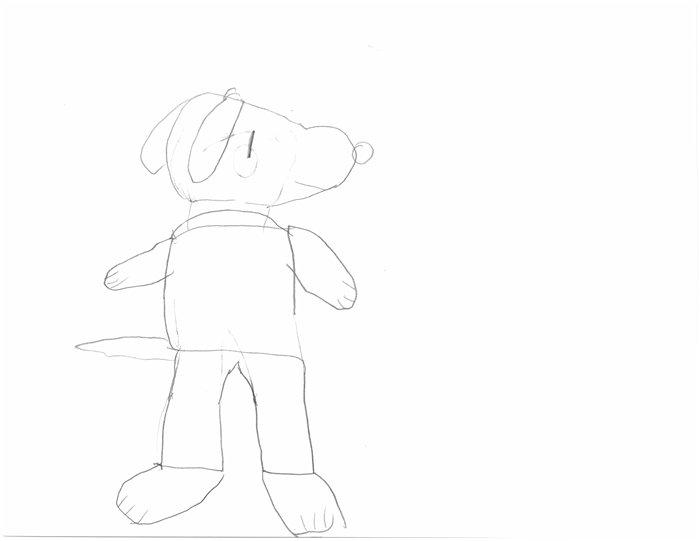A pencil drawing of Waffles lying on his back like Snoopy