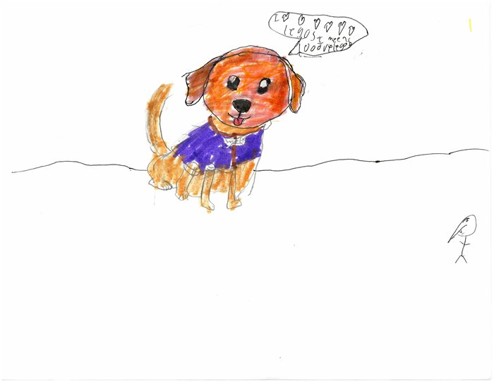 A drawing of Waffles in his purple vest saying roof roof