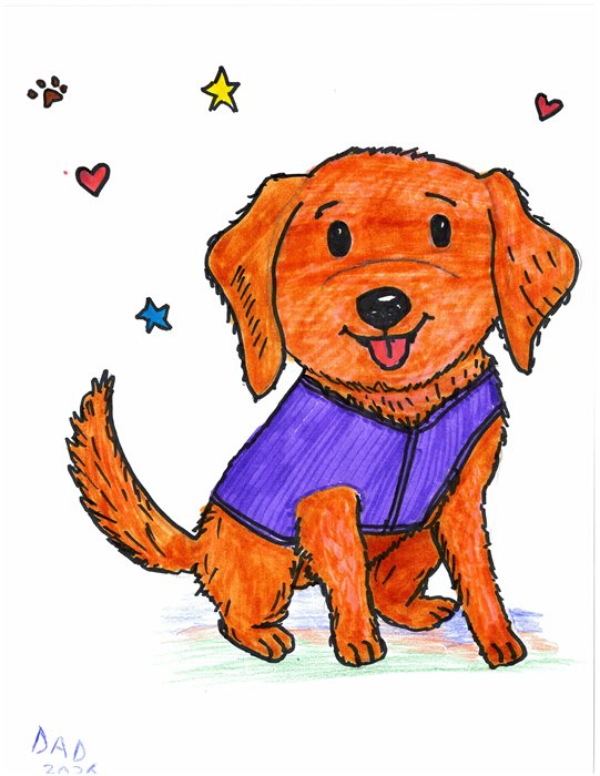 A crayon drawing of Waffles in his purple vest with stars and hearts