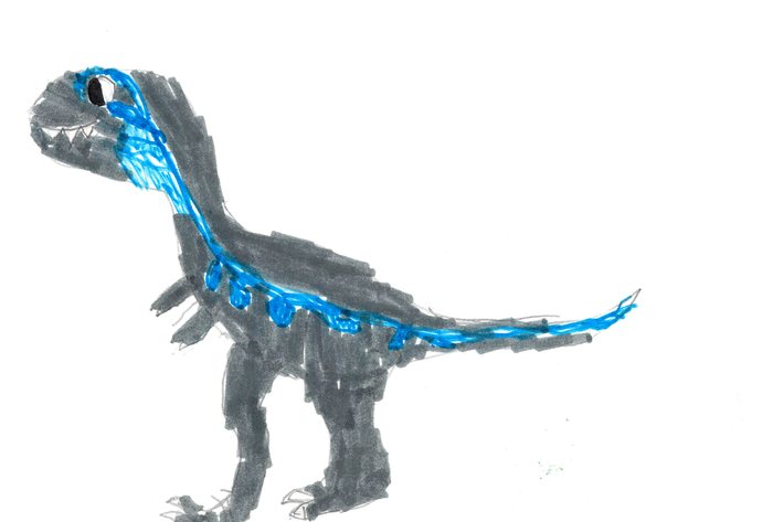 A marker drawing of a grey dinosaur with electric blue stripes down its back and tail