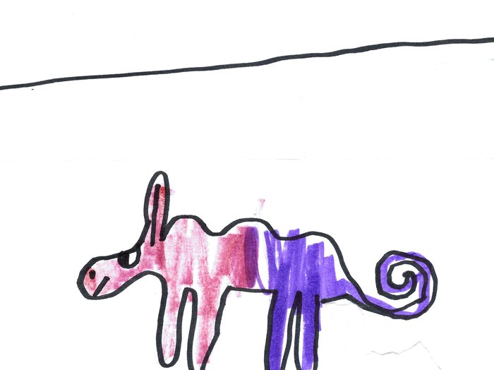 A marker drawing of a pink and purple long-necked dinosaur with a curly tail