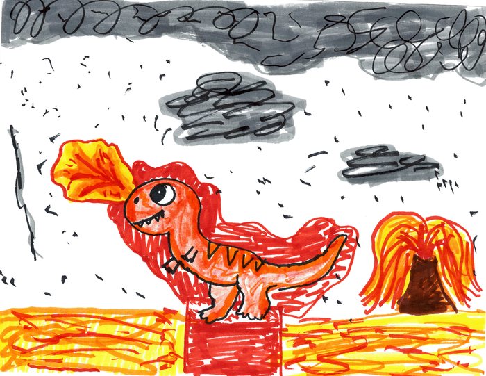 A marker drawing of an orange dinosaur roaring fire under storm clouds, standing on bright lava