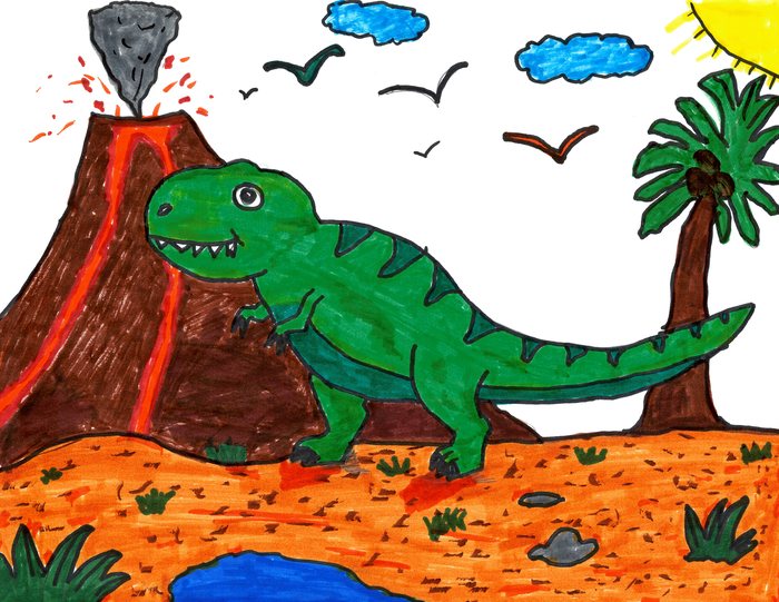 A marker drawing of a green T. rex beside an erupting volcano, with a palm tree, birds and a yellow sun