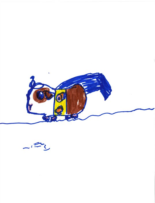 A marker drawing of Pickle in yellow-checked overalls