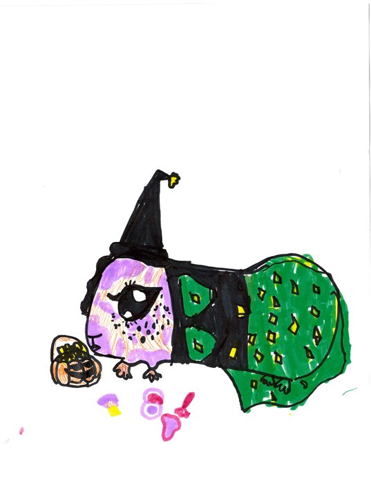 A marker drawing of Pickle in a witch hat and green cape with a tiny pumpkin bucket