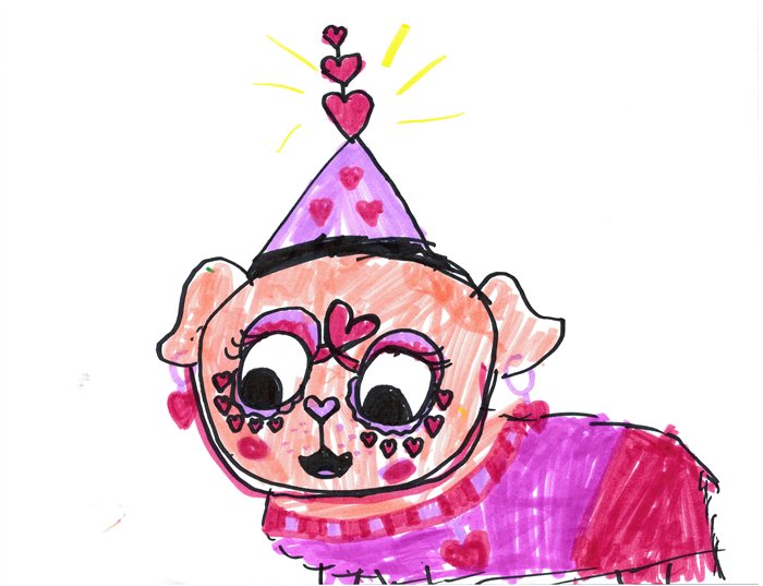 A marker drawing of Pickle in a party hat surrounded by hearts