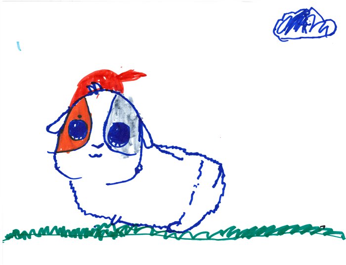 A blue pen drawing of Pickle with a red bandana zooming over the grass