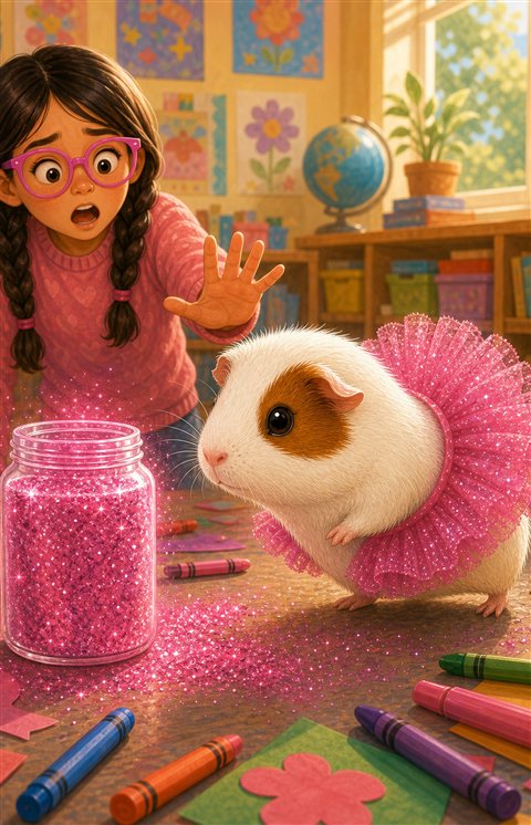 Pickle staring down a jar of pink glitter