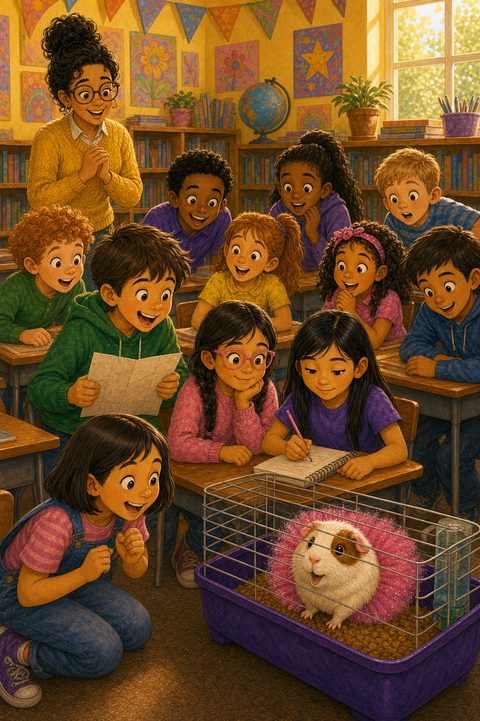 Mrs. Wren telling Room P301 about the museum field trip while the class crowds around Pickle's cage