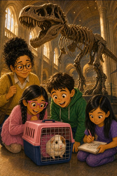 Blake, Brody and Emma kneeling with Pickle's carrier under the giant T. rex skeleton