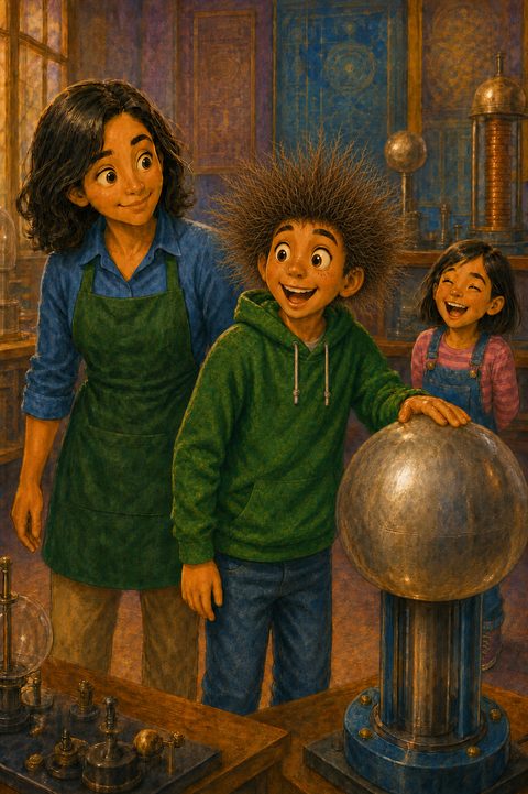 Brody with his hair standing straight up at the static electricity generator